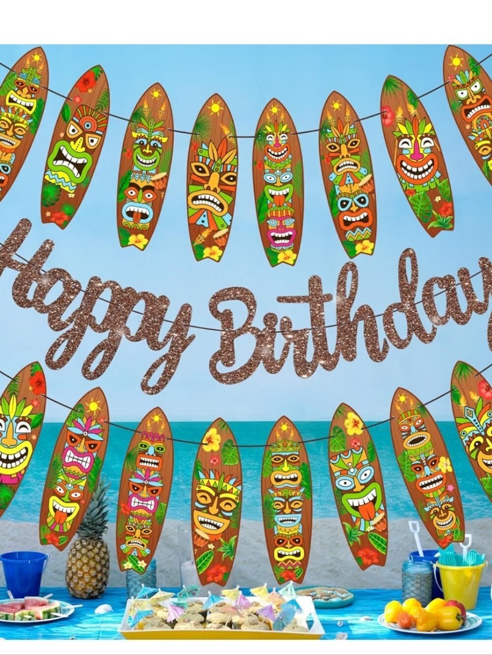 Tiki Surfboard Happy Birthday Banner - Gold Glitter & Multicolor Surfboards